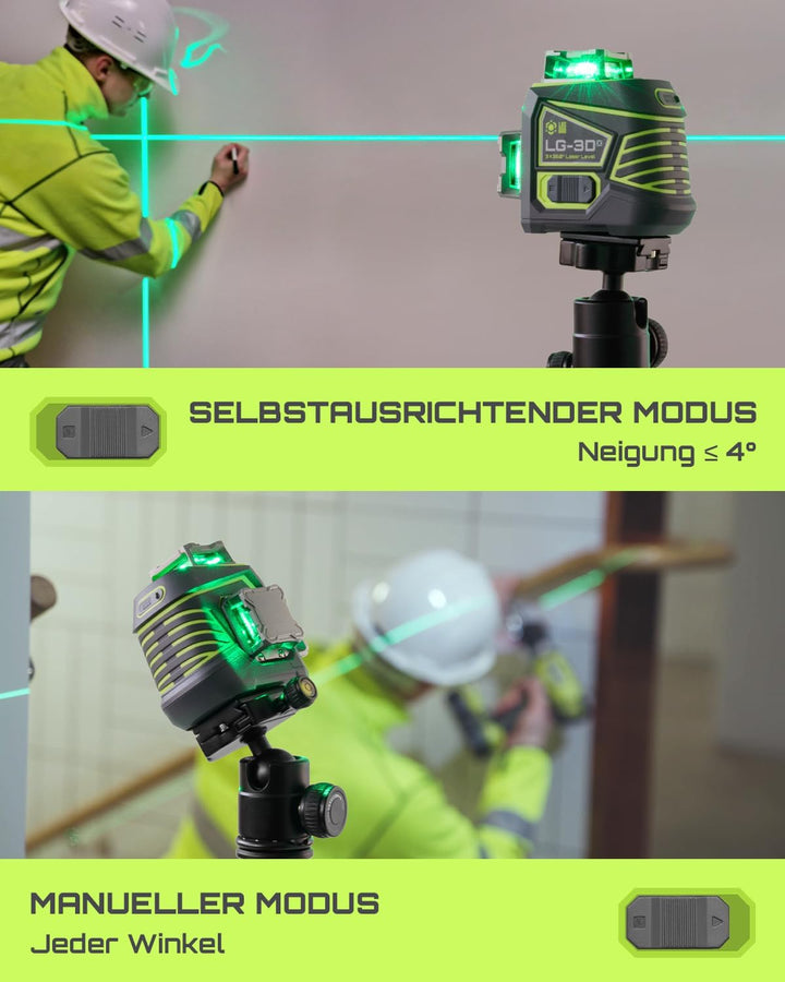 LasGoo Kreuzlinienlaser Selbstnivellierend 3 x 360°, Grüne 3D Laser-Wasserwaage für Konstruktion und