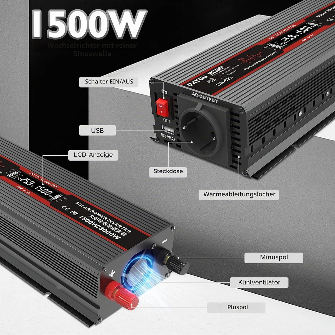DATOUBOSS Wechselrichter 24v auf 230v Reiner Sinus 1500W/3000W Spannungswandler mit LCD-Display,USB