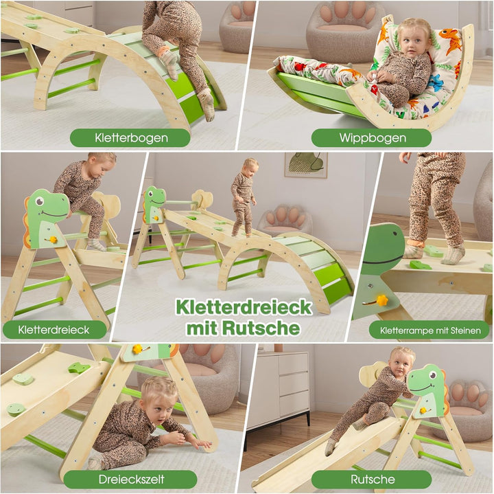 7-in-1 Montessori Kletterdreieck Set mit Rutsche, Kletterbogen & weichem Kissen – Holz Klettergerüst