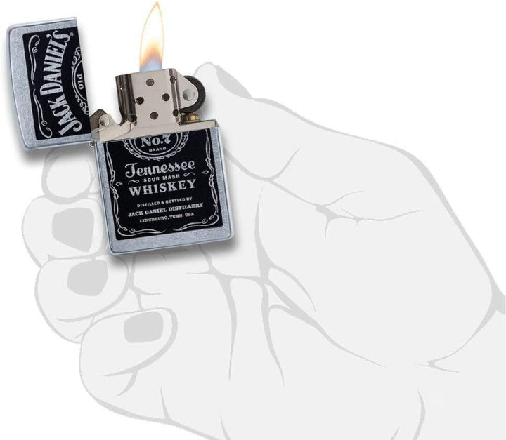 Zippo Feuerzeug mit Jack Daniel's Etikett, Street Chrome Schwarz / Chrom, Schwarz / Chrom