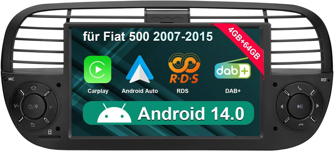 [Black 4+64GB] Autoradio für FIAT 500 2007-2015 mit 7 Zoll Touchscreen, Android 14 Radio Unterstützu