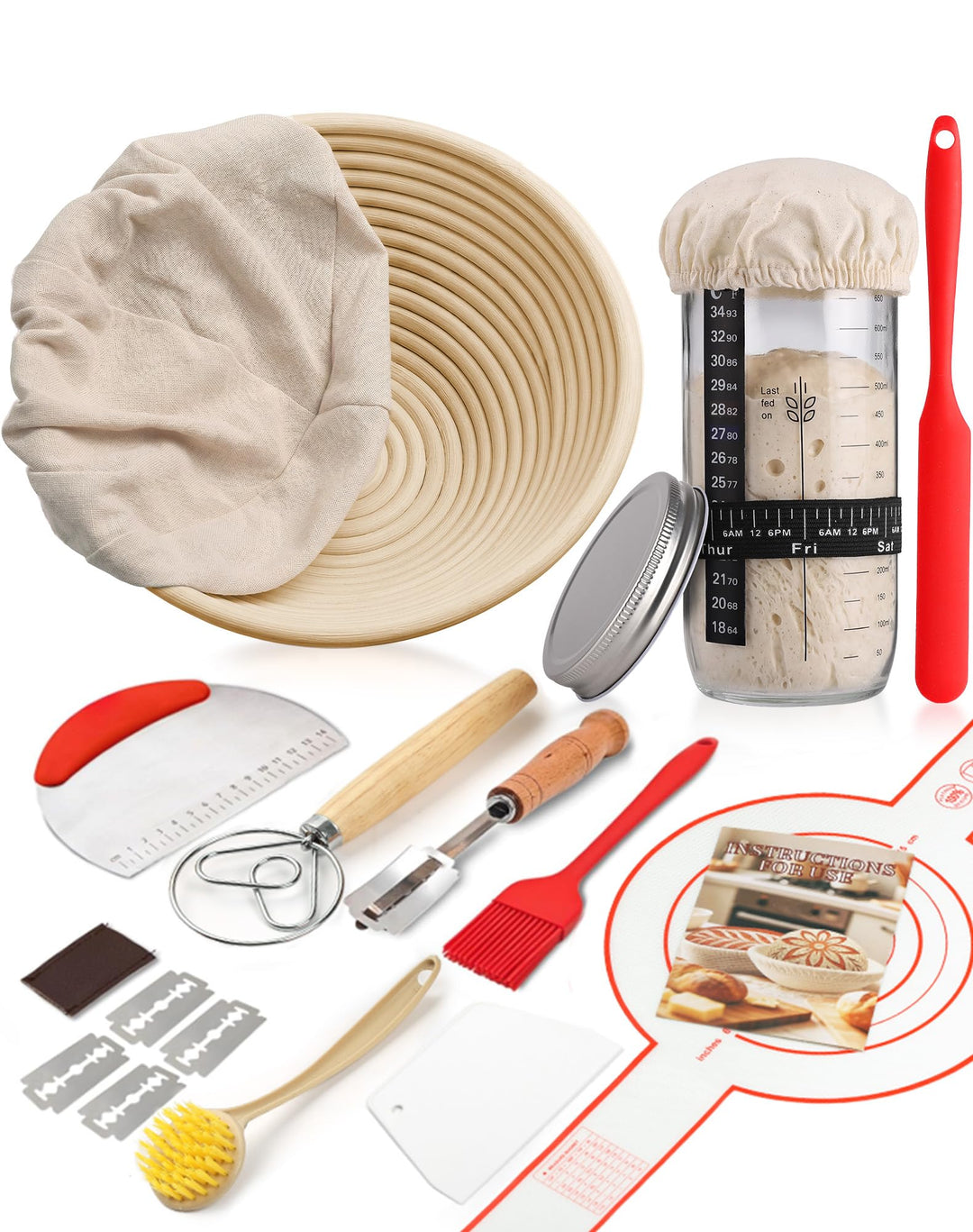 10-teilig Sauerteig Starter Set mit Gärkörbchen Rund mit Gärtuch Sowie Gärglas mit Spatel und Bäcker
