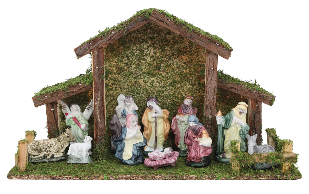 Toyland® Weihnachtskrippe Traditionell Krippenstall mit 11 Krippenfiguren Weihnachtsdeko Weihnachtsd