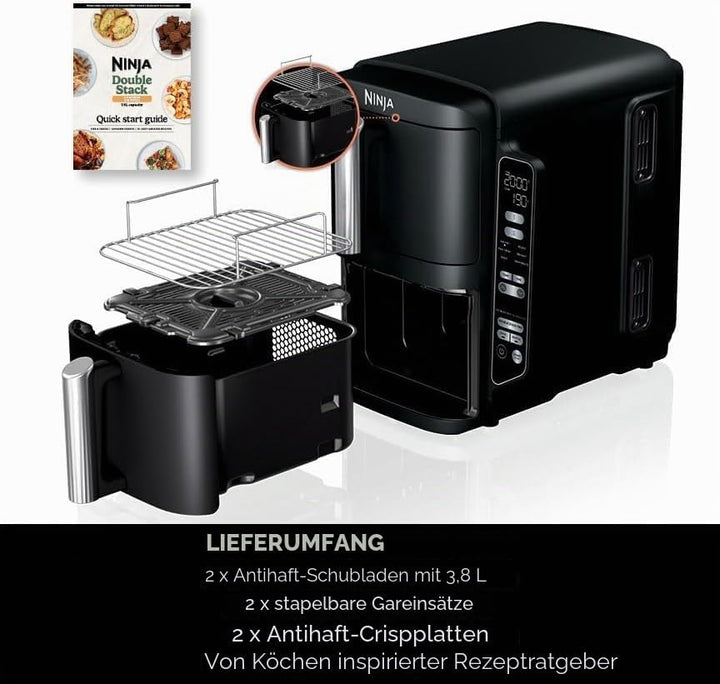 Ninja Doppelstapel-Luftfritteuse, vertikale Doppelschublade, Luftfritteuse mit 4 Kochstufen, 2 Schub