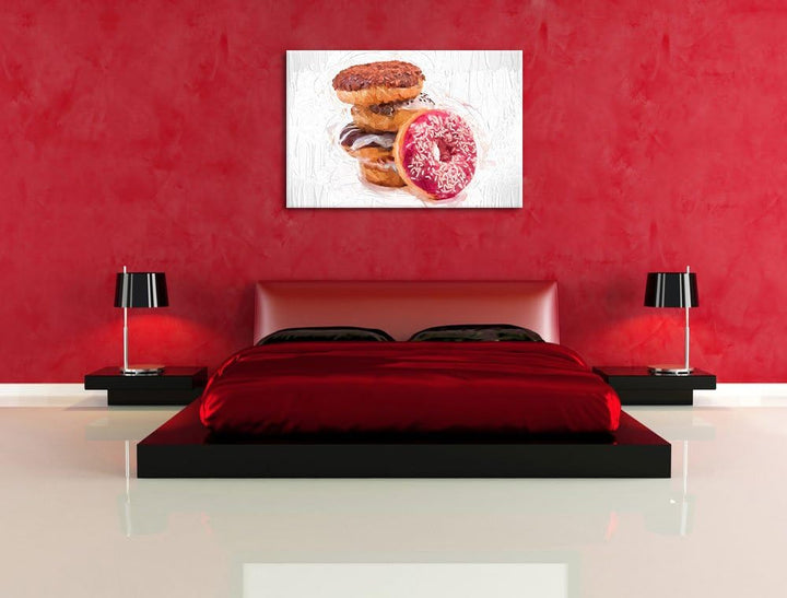Süsse Donuts Pinsel Effekt, Format: 100x70 auf Leinwand, XXL riesige Bilder fertig gerahmt mit Keilr