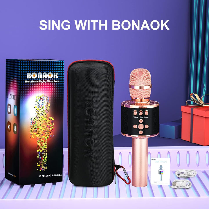 BONAOK Drahtloses Bluetooth-Karaoke-Mikrofon mit Steuerbaren LED-Leuchten, Tragbarer Karaoke-Maschin