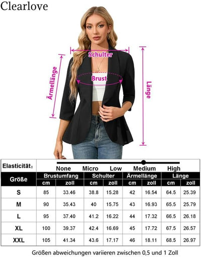 Clearlove Business Jersey Blazer Damen Elegant Sportlich Taillierter Blazer 3/4 Ärmel Damen Gehrock