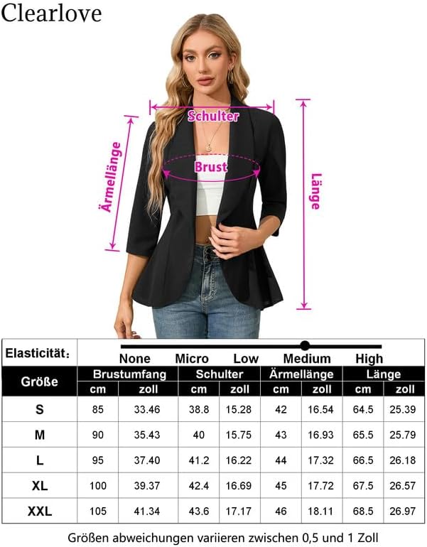 Clearlove Business Jersey Blazer Damen Elegant Sportlich Taillierter Blazer 3/4 Ärmel Damen Gehrock