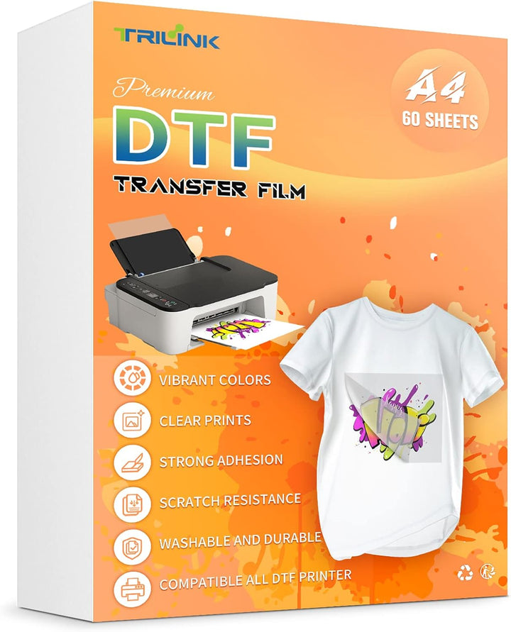 TRILINK DTF Transferfolie Papier A4 (21 x 29,7 cm) - 60 Blatt, Premium doppelseitig matt klar PreTre