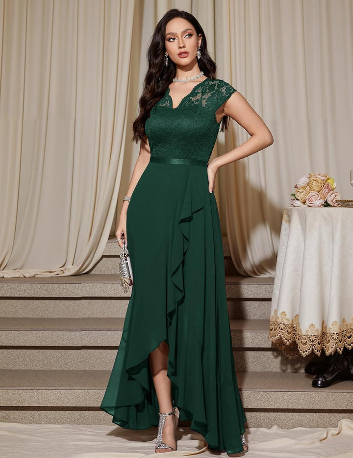 Bbonlinedress Abendkleider elegant für Hochzeit Spitzenkleid Chiffon Hi-Lo Kleid Brautjunferkleid Pa