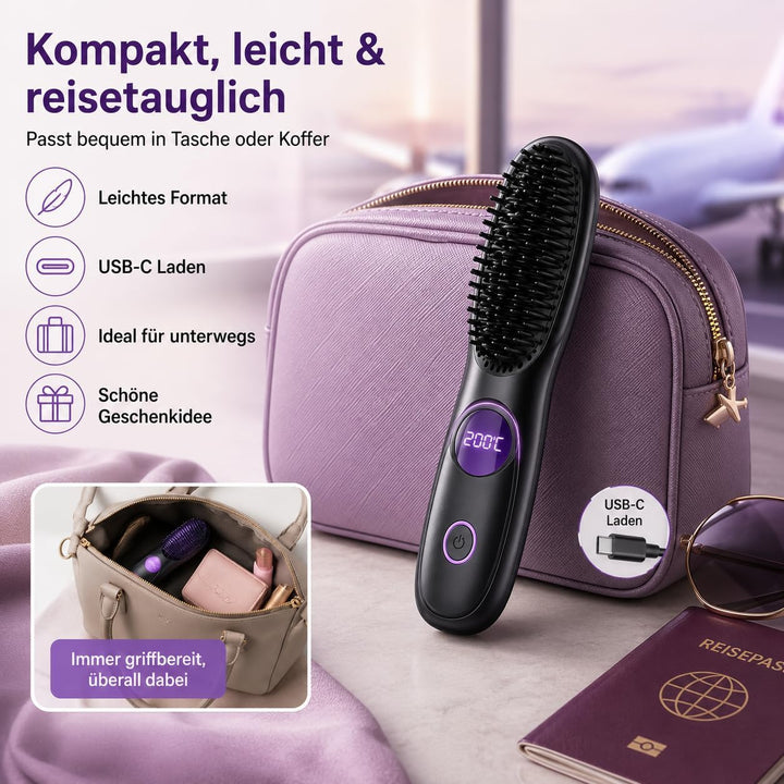Glättbürste Kabellos, Stylingbürste für Kurze Haare mit LED Anzeige, 25s Keramikerwärmung Glättungsk