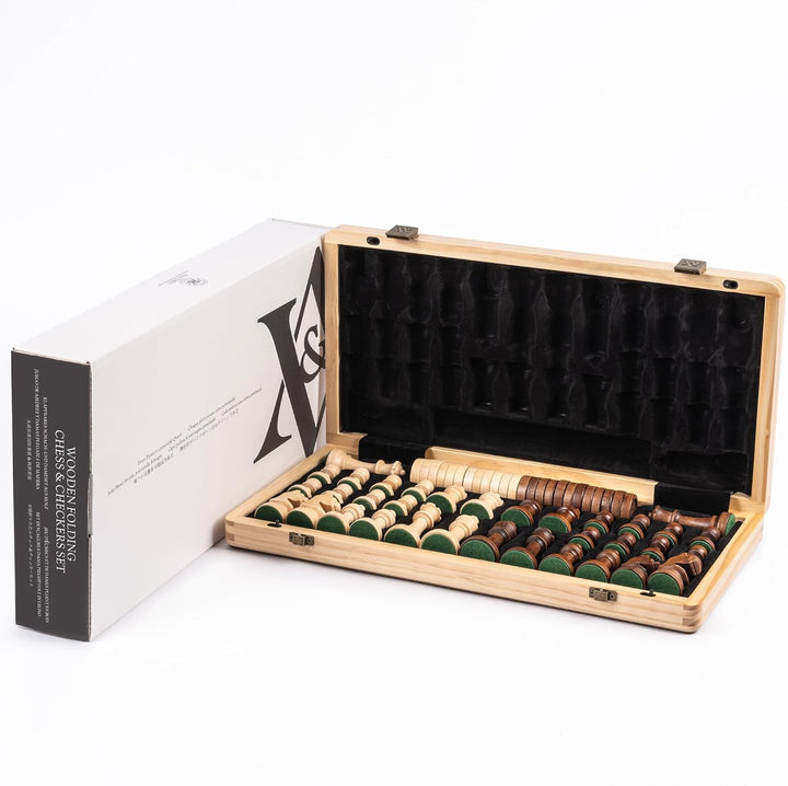 A&A 15 inch Wooden Folding Chess & Checkers Set w/ 3 inch King Height Staunton Chess Pieces / 2 Extr