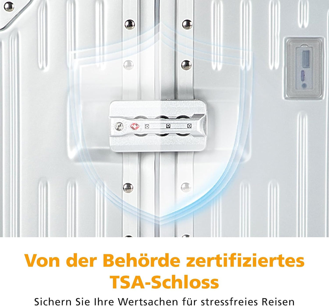 ALPHA CAMP Koffer Grösse TSA Schloss Suitcase Large Koffer L Silber 66L | Aluminium Rahmen &amp; Polycar
