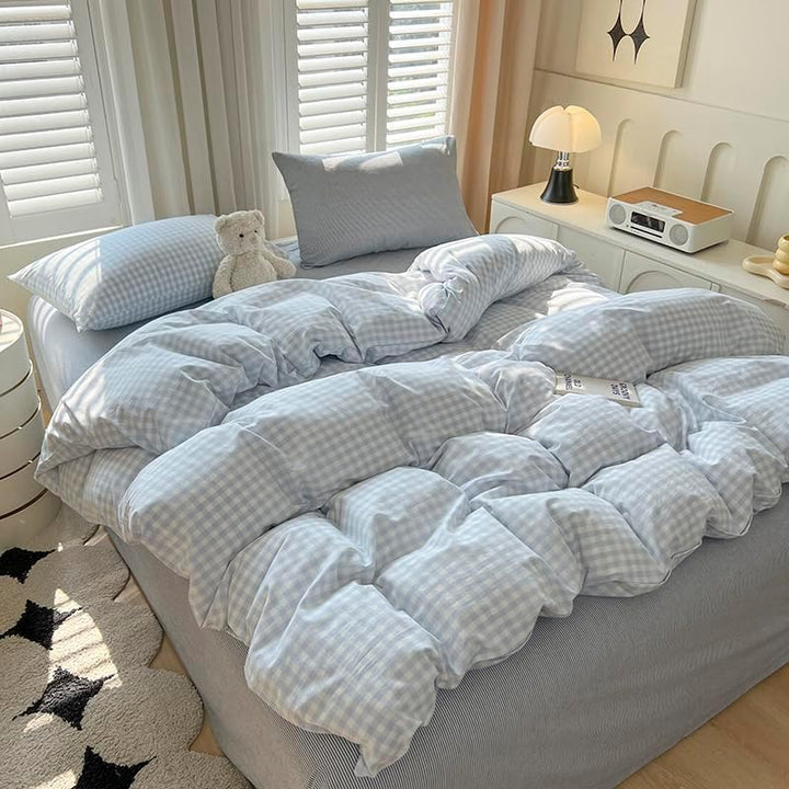 Koudi Kariet Bettwäsche 100x135 Blau Weiss Karomuster Bettbezug Set Mädchen Mikrofaser Wende Bettwäs