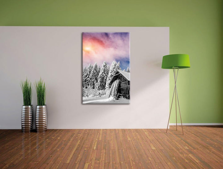 Pixxprint Einsame gemütliche Holzhütte im Schnee, Format: 80x120 auf hochkantiges Leinwand, XXL ries
