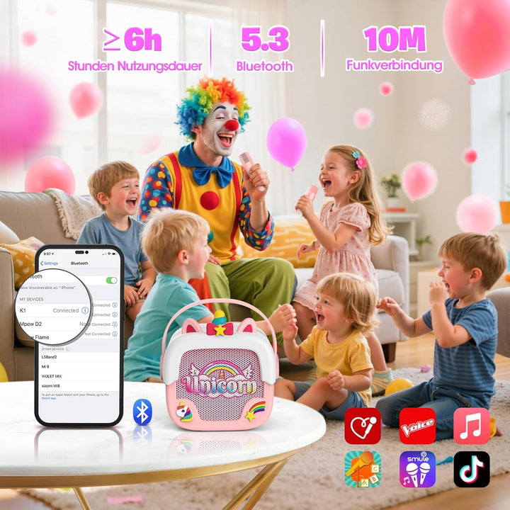 Karaoke Maschine Kinder mit 2 Bluetooth Karaoke Mikrofon, Einhorn Geschenk Spielzeug für Mädchen 3-1