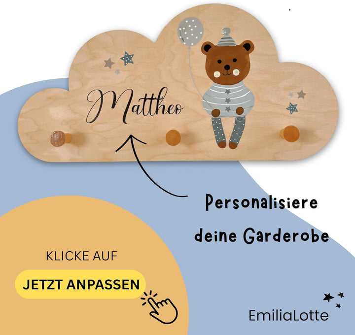 EmiliaLotte Kindergarderobe Personalisiert mit Wunschname I Garderobe Kinder aus Holz - Verschiedene