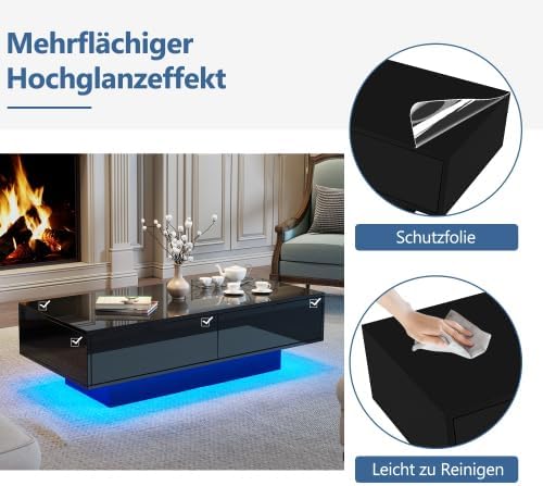 Merax Moderner Schwarzer Hochglanz-Couchtisch mit LED-Beleuchtung und 2 Schubladen – 115x55x34 cm, K