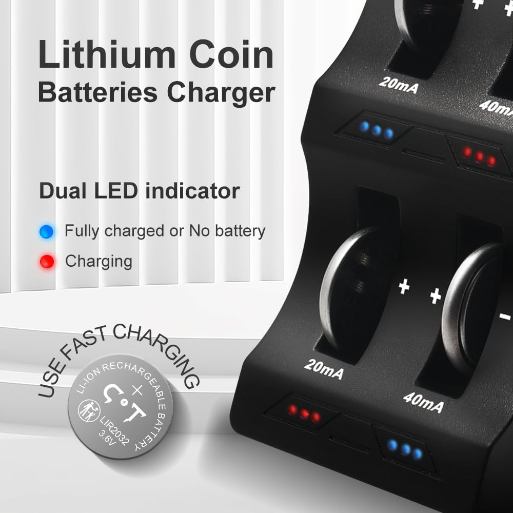 Wiederaufladbare LIR2032 3.6V Knopfzellenbatterien (6 Stück) mit Ladegerät – Ersatz für CR2032 3V- m
