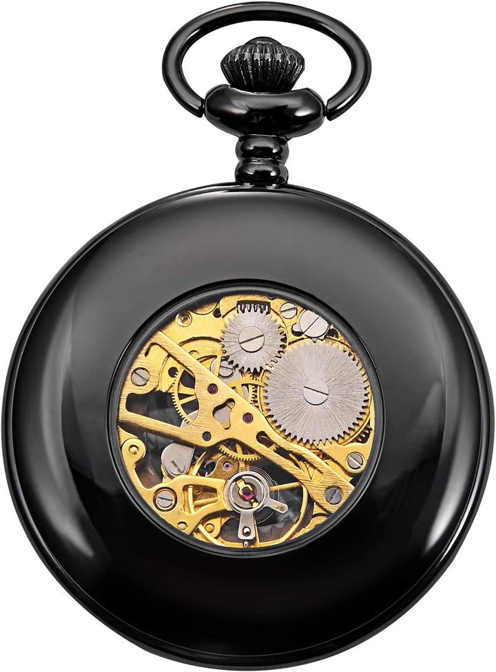 TREEWETO Unisex Taschenuhr mit Kette Analog Handaufzug Adler Skelett R?mische Ziffern Schwarz