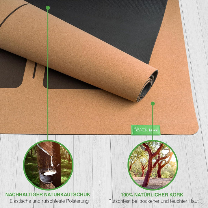 BACKLAXX ® Yogamatte Kork XXL [+50% mehr Fläche] mit Naturkautschuk - Yoga Matte nachhaltig, schadst