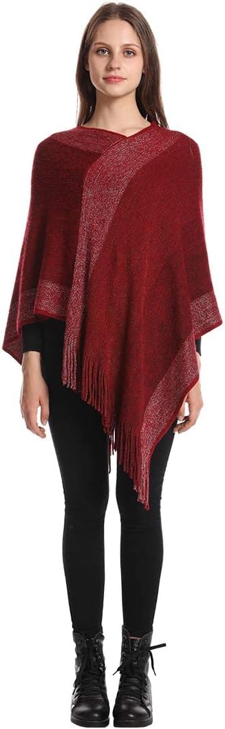 Damen-Poncho-Pullover, V-Ausschnitt, gestreift, Strickschal, Cape, Pullover mit Fransen, S-L Burgund