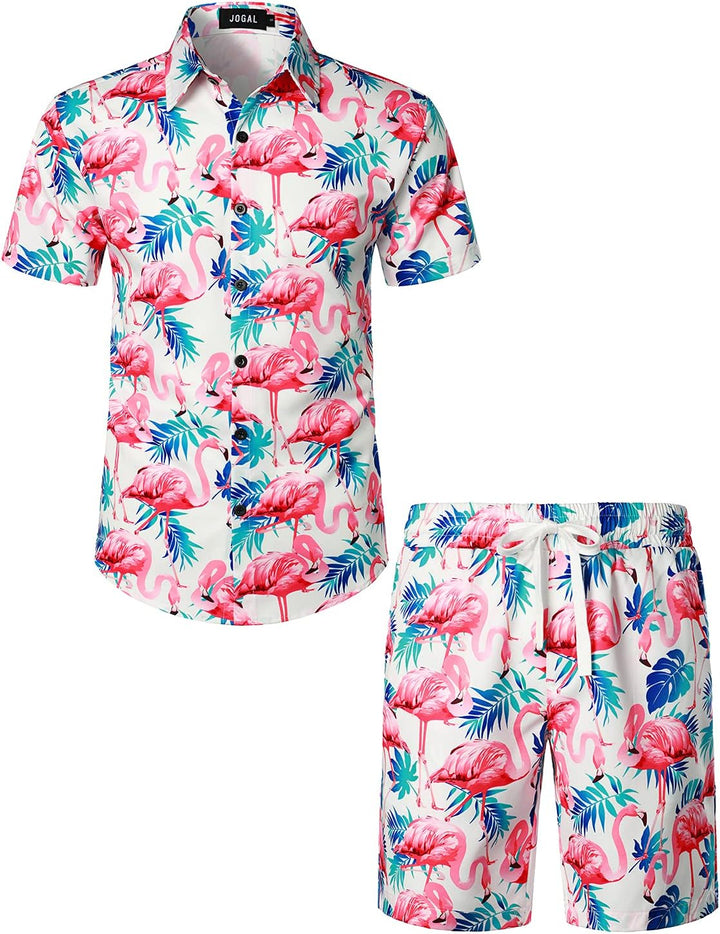 JOGAL Herren Hawaii Hemd Männer Flamingo Kurzarmhemd und Kurze Hose Set Strand Outfit Sommerhemd Für