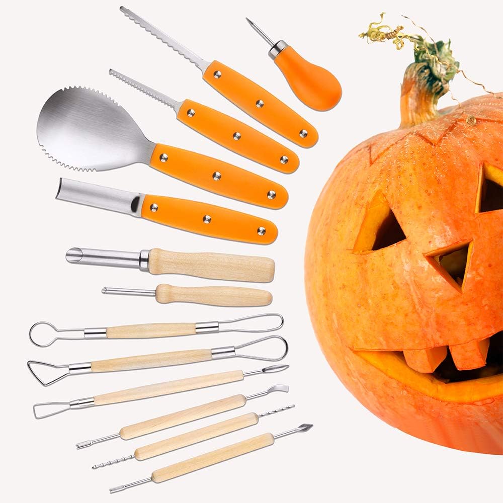 D-FantiX Halloween Kürbis Schnitzset, 13 Stück Professionelles Edelstahl DIY Kürbis Schnitzwerkzeug