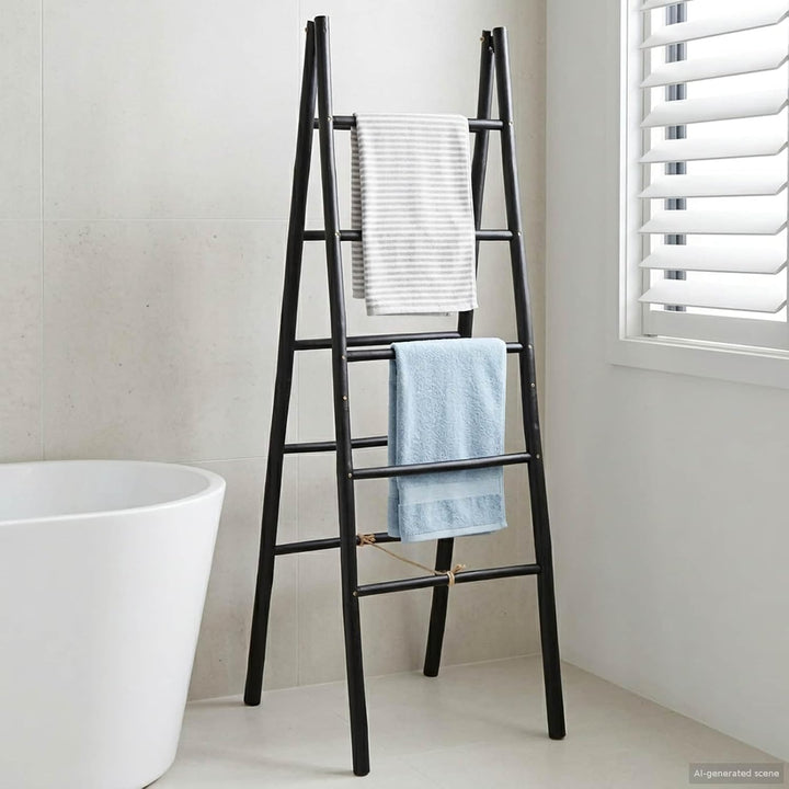 vidaXL Doppel-Handtuchleiter Schwarz 50 x 50 x 159 cm Bambus, freistehender Handtuchhalter, Badezimm