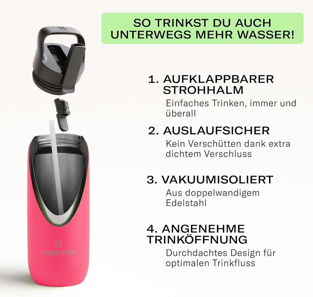 waterdrop® All Purpose Thermosflasche 600ml – Trinkflasche mit Strohhalm – isolierte Edelstahl, 24h