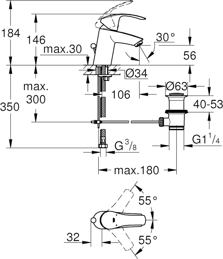 GROHE Eurosmart | Badarmaturen - Einhand-Waschtischbatterie, DN 15 S-Size | Einlochmontage | chrom |