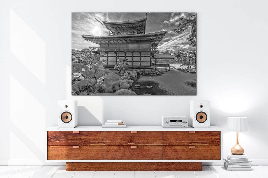 japanische Schneelandschaft des Kinkaku Ji-Tempels Effekt: Schwarz&Weiss ,Format: 80x60 als Leinwand