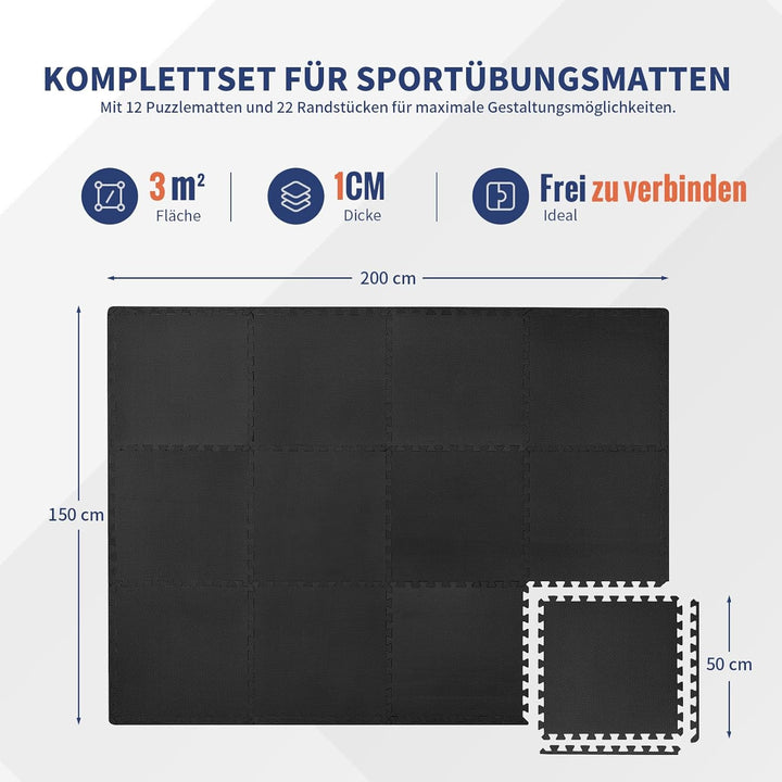 Schutzmatten Bodenschutzmatte, 50x50 cm, 12 Stück, 3m² Bodenschutzmatte Fitness Matte, Puzzle Sportg