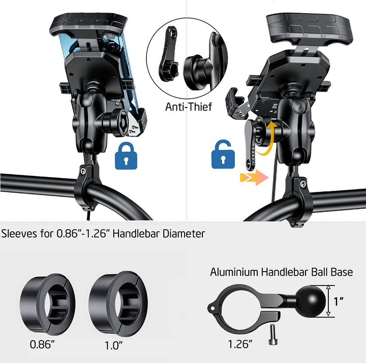 iMESTOU Motorrad Kabellose Telefonhalterung Ladegerät mit Qi &amp; USB C Port, Anti-Diebstahl 1 "Ball Le