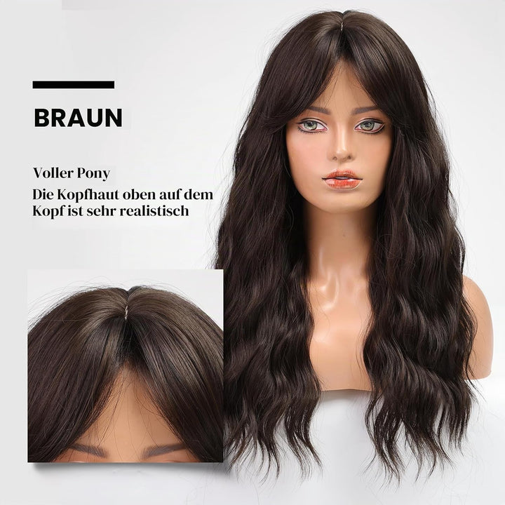 HAIRCUBE Dunkelbraune Perücke mit Pony, lockige Perücke mit Pony für Frauen, Kunsthaar, natürlicher