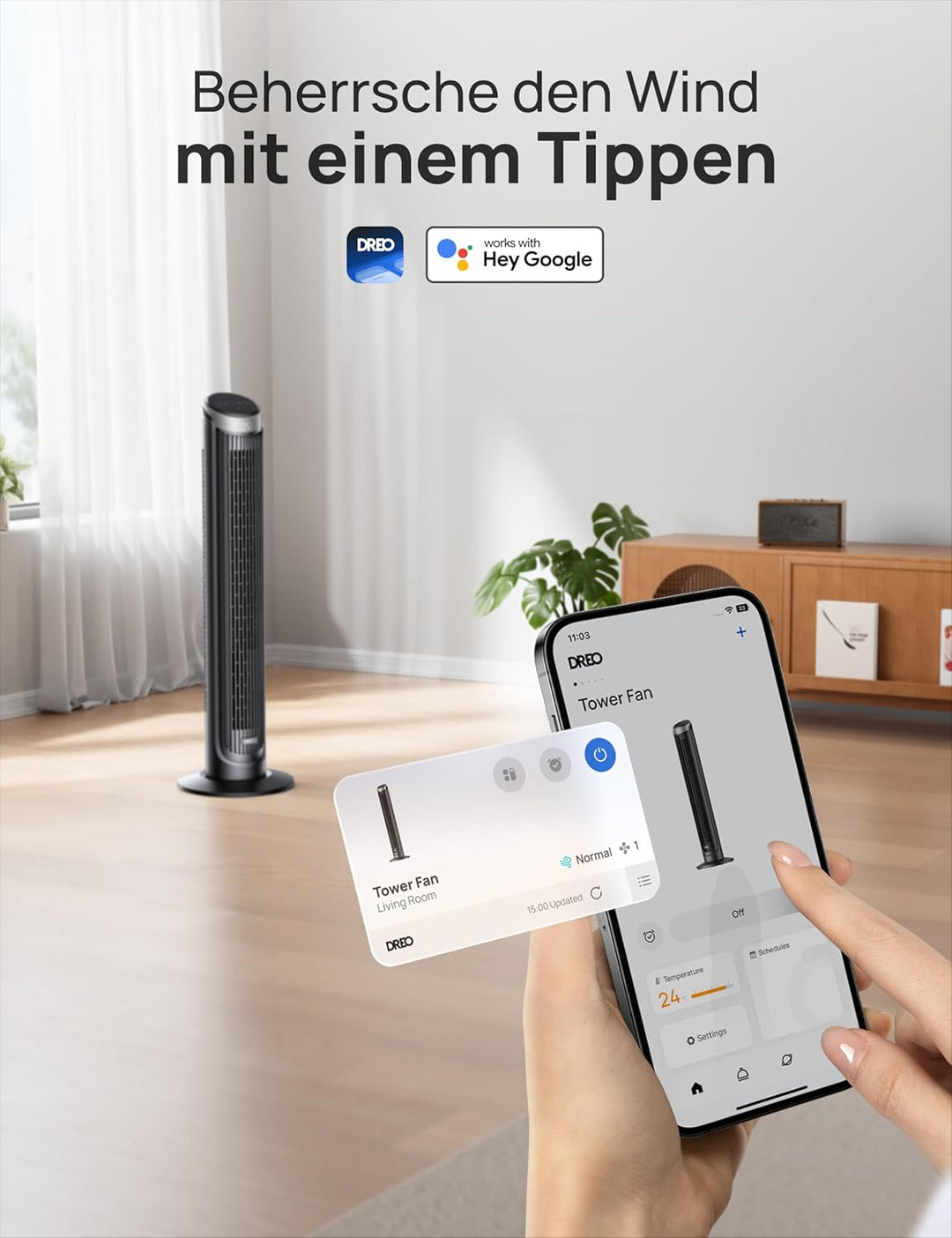 DREO Smart Turmventilator Sehr Leise, 90° Oszillierend Standventilator für Schlafzimmer, 7.9 m/s Win