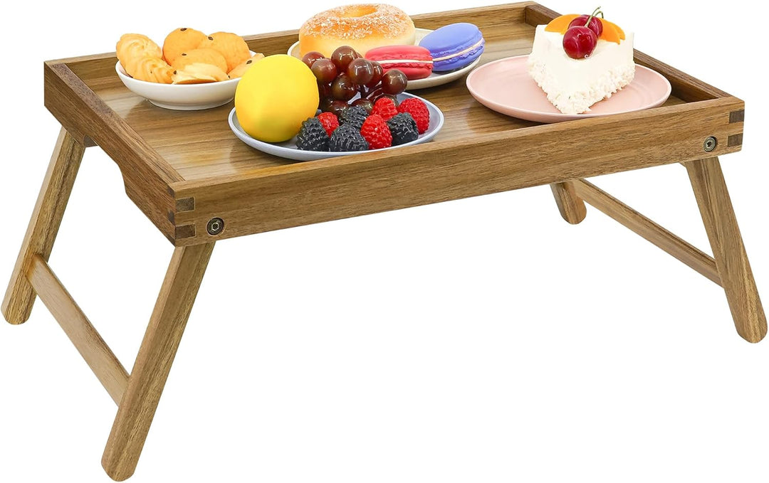 VaeFae Akazien-Betttisch-Tablett, Frühstückstablett aus Holz mit klappbaren Beinen, Betttablett für