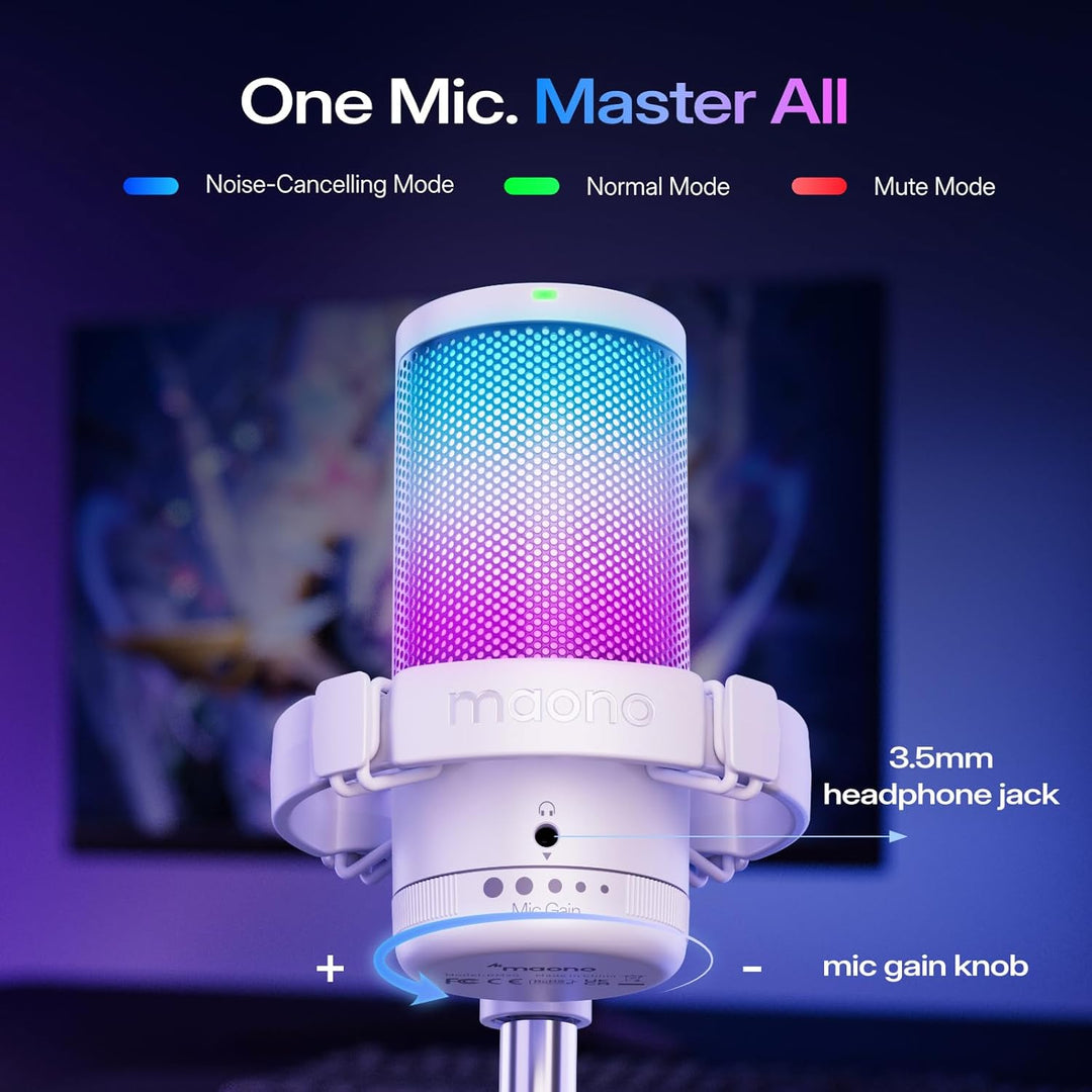 MAONO Gaming Mikrofon, USB Microphone mit RGB-Licht, Geräuschunterdrückung, Stummschaltung, Gain, Ga