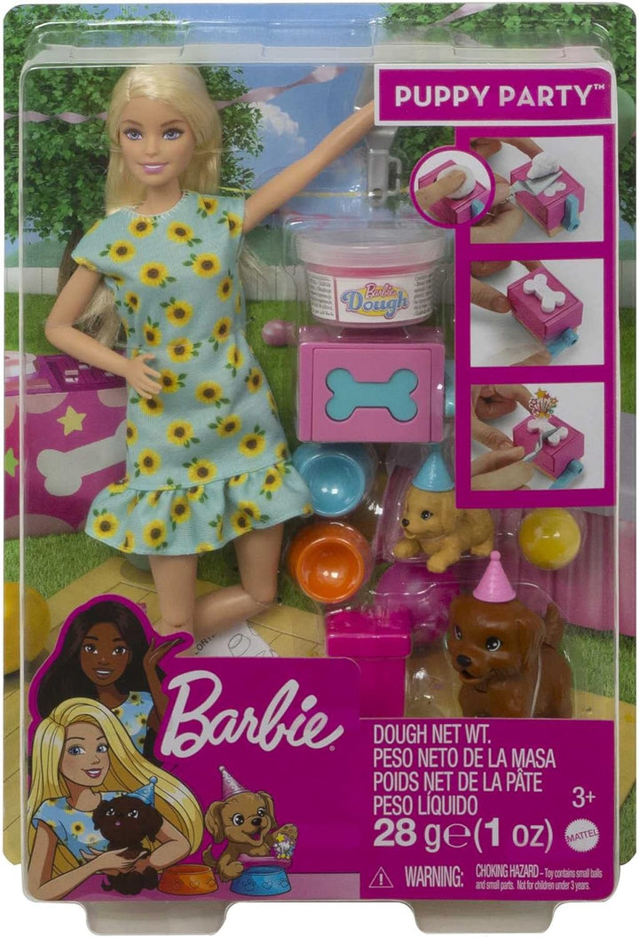 Barbie Welpenparty, Barbiepuppe mit blonden Haaren, Zwei Hundewelpen, Knetmasse für Hundekuchen, Zub