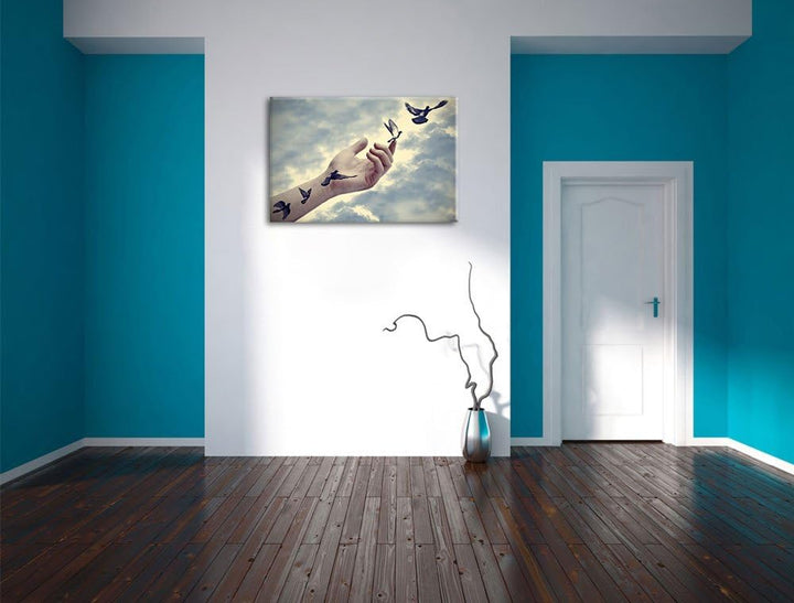 Pixxprint Vögel fliegen in die Freiheit / 100x70cm Leinwandbild bespannt auf Holzrahmen/Wandbild Kun