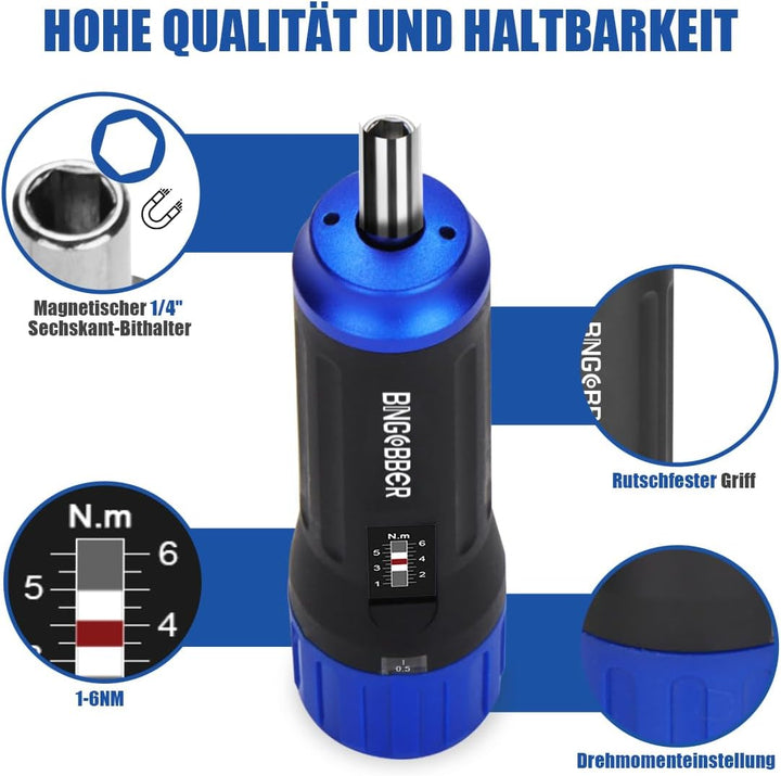 BINGCOBBER Drehmomentschrauber Set 1-6 Nm 12tlg.mit Kunststoffkoffer für Fahrrad Reparatur mit Bitha