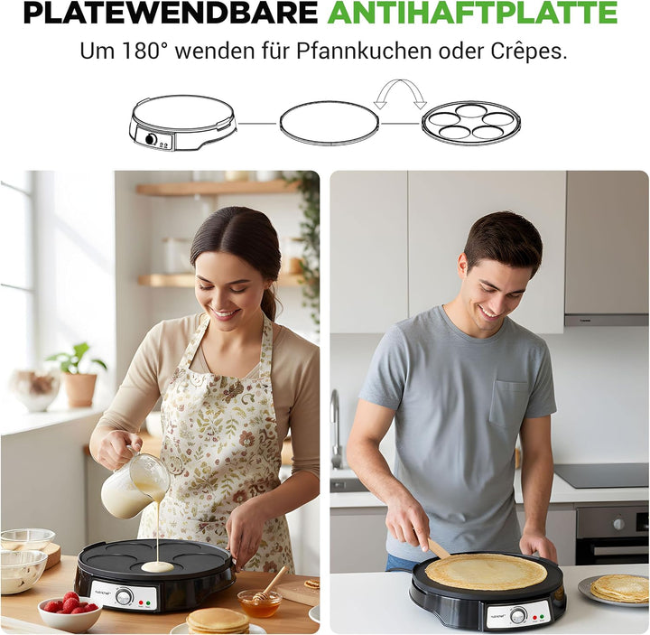 NutriChef Crepes Maker 30 cm mit Abnehmbarer Wendeplatte - Antihaft Oberfläche, LED Anzeige und Temp