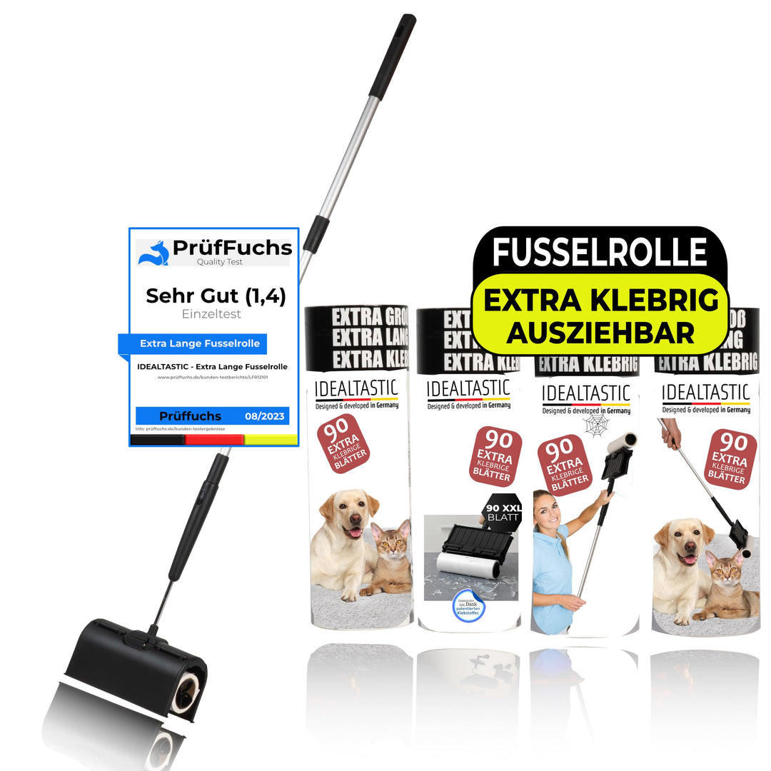 IDEALTASTIC® Fusselrolle für Teppichreinigung, Vorhang, Bett, Auto und Tierhaare, Ausziehbar & extra