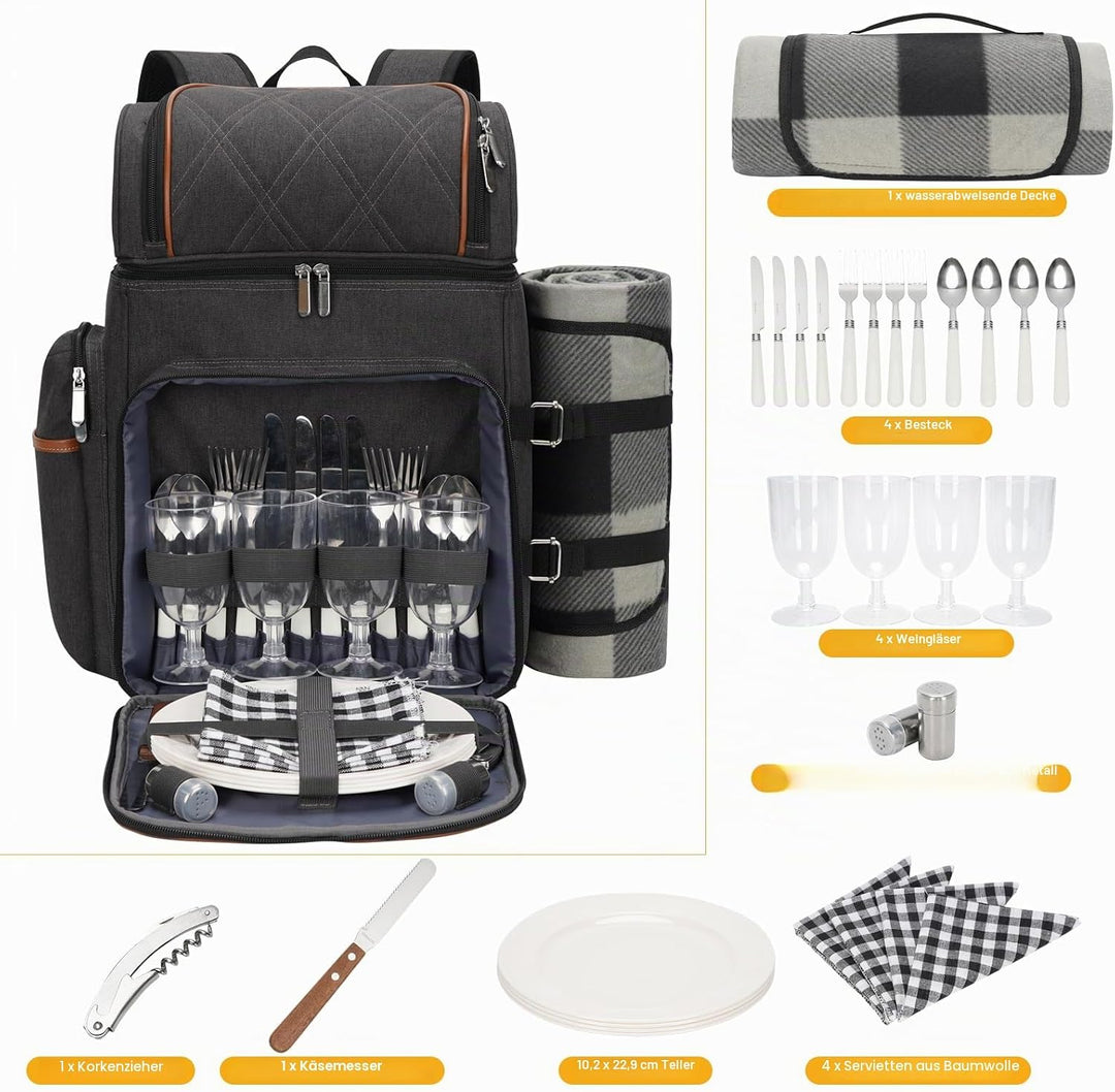 Picknick-Rucksack für 4 Personen, Picknickkorb-Set, auslaufsichere Picknicktasche, Strandkühlrucksac