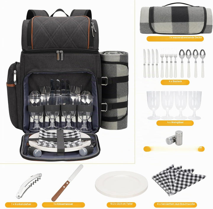Picknick-Rucksack für 4 Personen, Picknickkorb-Set, auslaufsichere Picknicktasche, Strandkühlrucksac