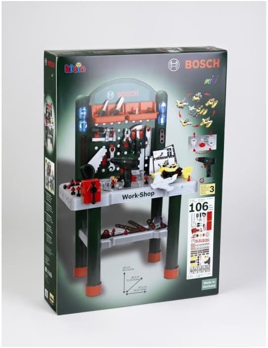 klein Bosch Work-Shop Werkbank mit mechanischem Schrauber und Fahrzeug zum Bauen