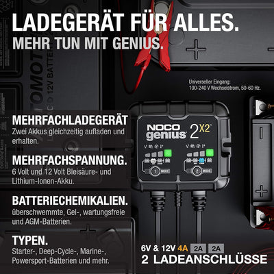 NOCO GENIUS2X2: 4A (2A/Bank) Ladegerät, 6V/12V Batterieladegerät, Erhaltungsladegerät und Desulfator