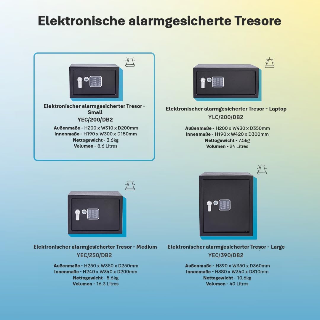 Yale Elektronischer Tresor mit Alarm - Klein - YEC/200/DB2 - Standardsicherheit - Schwarz Small New