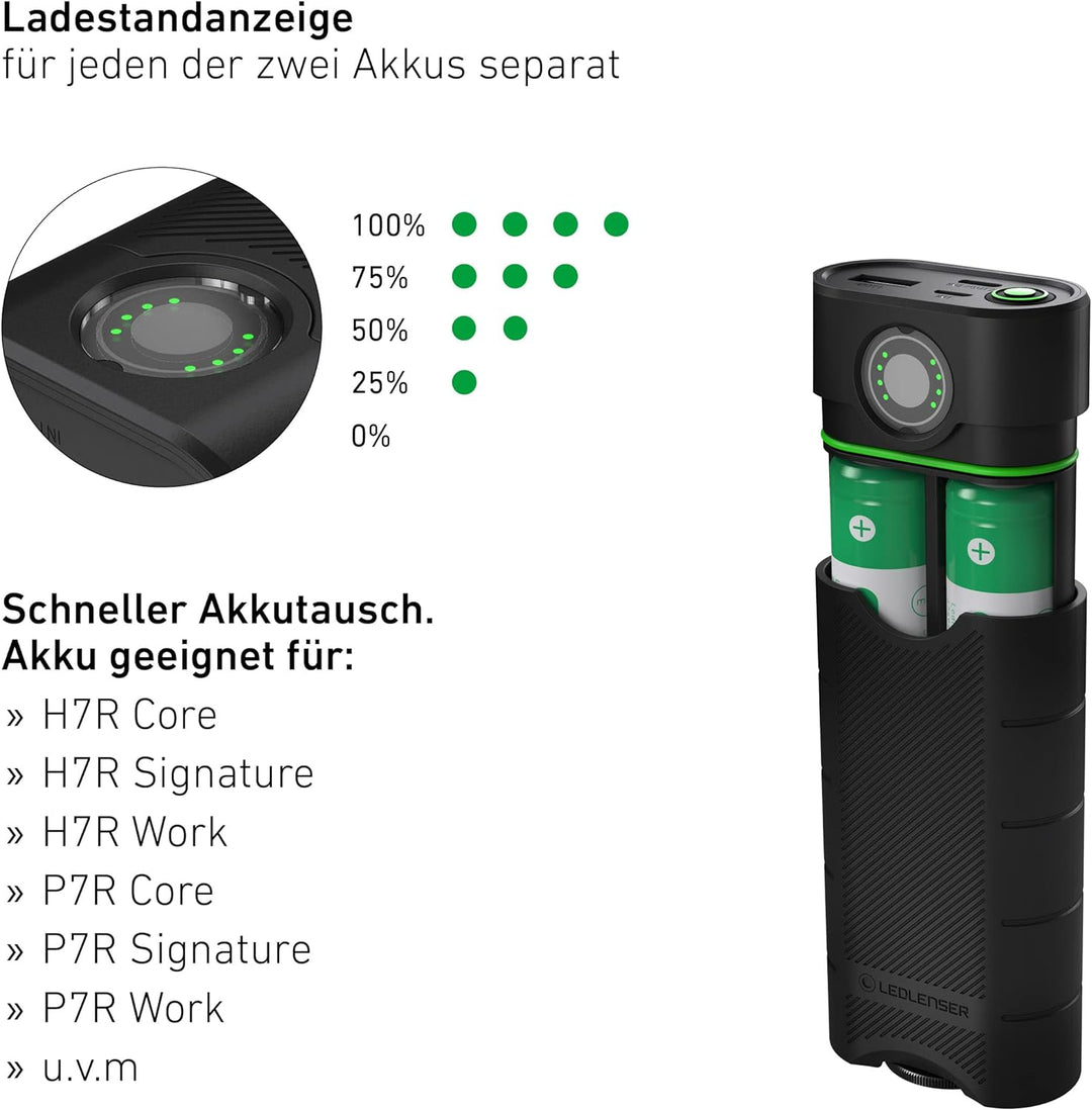 Ledlenser Flex10 Outdoor USB-C Powerbank Ladegerät, 2 entnehmbare Lithium Akkus Typ 21700, kurze Lad