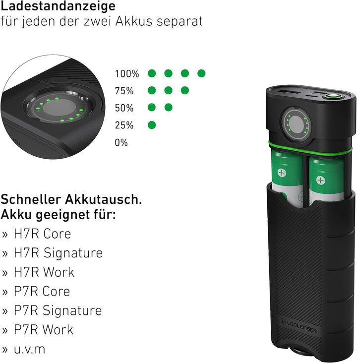 Ledlenser Flex10 Outdoor USB-C Powerbank Ladegerät, 2 entnehmbare Lithium Akkus Typ 21700, kurze Lad